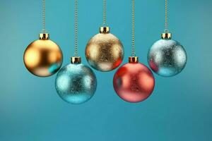 Christmas background with christmas balls ornaments hanging with copy space. Christmas decoration concept by AI Generated photo