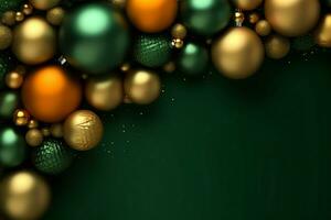 Christmas background with christmas balls ornaments hanging with copy space. Christmas decoration concept by AI Generated photo