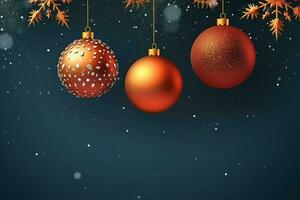 Christmas background with christmas balls ornaments hanging with copy space. Christmas decoration concept by AI Generated photo