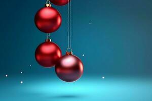 Christmas background with christmas balls ornaments hanging with copy space. Christmas decoration concept by AI Generated photo