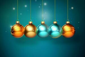 Christmas background with christmas balls ornaments hanging with copy space. Christmas decoration concept by AI Generated photo