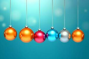 Christmas background with christmas balls ornaments hanging with copy space. Christmas decoration concept by AI Generated photo