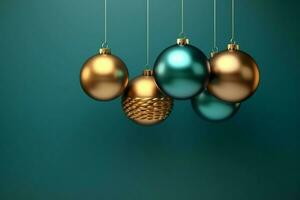 Christmas background with christmas balls ornaments hanging with copy space. Christmas decoration concept by AI Generated photo