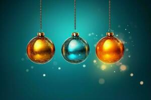 Christmas background with christmas balls ornaments hanging with copy space. Christmas decoration concept by AI Generated photo