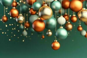 Christmas background with christmas balls ornaments hanging with copy space. Christmas decoration concept by AI Generated photo