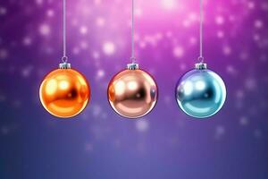 Christmas background with christmas balls ornaments hanging with copy space. Christmas decoration concept by AI Generated photo