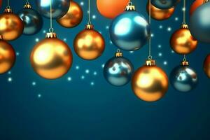 Christmas background with christmas balls ornaments hanging with copy space. Christmas decoration concept by AI Generated photo