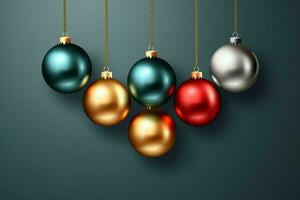 Christmas background with christmas balls ornaments hanging with copy space. Christmas decoration concept by AI Generated photo