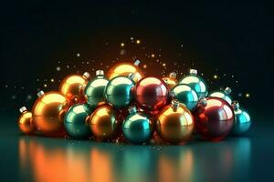 Navidad antecedentes con Navidad pelotas adornos colgando con Copiar espacio. Navidad decoración concepto por ai generado foto