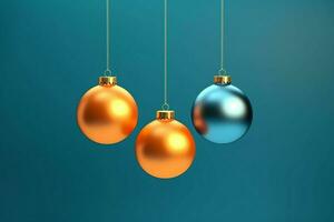 Christmas background with christmas balls ornaments hanging with copy space. Christmas decoration concept by AI Generated photo