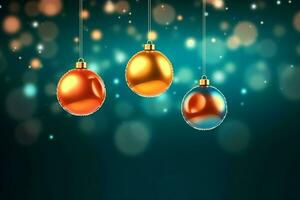 Christmas background with christmas balls ornaments hanging with copy space. Christmas decoration concept by AI Generated photo