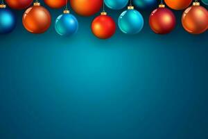 Christmas background with christmas balls ornaments hanging with copy space. Christmas decoration concept by AI Generated photo