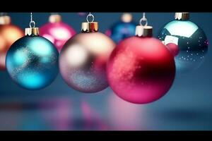 Christmas background with christmas balls ornaments hanging with copy space. Christmas decoration concept by AI Generated photo