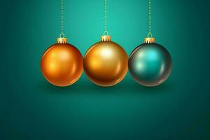 Christmas background with christmas balls ornaments hanging with copy space. Christmas decoration concept by AI Generated photo