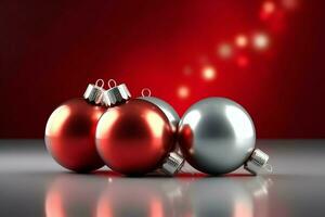 Christmas background with christmas balls ornaments hanging with copy space. Christmas decoration concept by AI Generated photo