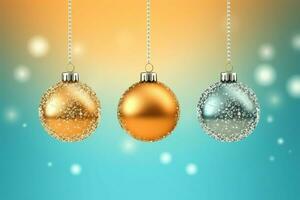 Christmas background with christmas balls ornaments hanging with copy space. Christmas decoration concept by AI Generated photo