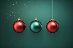 Christmas background with christmas balls ornaments hanging with copy space. Christmas decoration concept by AI Generated photo