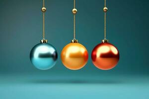 Christmas background with christmas balls ornaments hanging with copy space. Christmas decoration concept by AI Generated photo