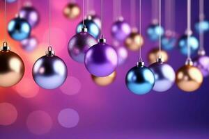 Christmas background with christmas balls ornaments hanging with copy space. Christmas decoration concept by AI Generated photo