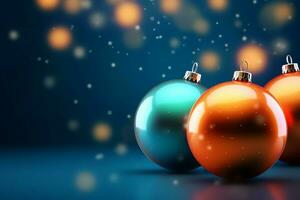 Christmas background with christmas balls ornaments hanging with copy space. Christmas decoration concept by AI Generated photo