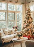 Cosy living room with beautiful christmas tree and red gifts in modern interior. Interior of living room decorated for merry christmas with socks, gift boxes and christmas accessories by AI Generated photo