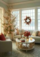 Cosy living room with beautiful christmas tree and red gifts in modern interior. Interior of living room decorated for merry christmas with socks, gift boxes and christmas accessories by AI Generated photo