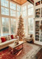 Cosy living room with beautiful christmas tree and red gifts in modern interior. Interior of living room decorated for merry christmas with socks, gift boxes and christmas accessories by AI Generated photo