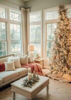 Cosy living room with beautiful christmas tree and red gifts in modern interior. Interior of living room decorated for merry christmas with socks, gift boxes and christmas accessories by AI Generated photo