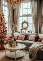 Cosy living room with beautiful christmas tree and red gifts in modern interior. Interior of living room decorated for merry christmas with socks, gift boxes and christmas accessories by AI Generated photo