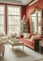 Cosy living room with beautiful christmas tree and red gifts in modern interior. Interior of living room decorated for merry christmas with socks, gift boxes and christmas accessories by AI Generated photo