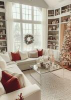 Cosy living room with beautiful christmas tree and red gifts in modern interior. Interior of living room decorated for merry christmas with socks, gift boxes and christmas accessories by AI Generated photo