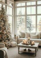 Cosy living room with beautiful christmas tree and red gifts in modern interior. Interior of living room decorated for merry christmas with socks, gift boxes and christmas accessories by AI Generated photo