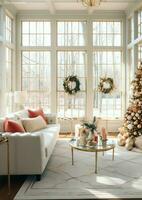 Cosy living room with beautiful christmas tree and red gifts in modern interior. Interior of living room decorated for merry christmas with socks, gift boxes and christmas accessories by AI Generated photo