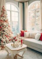 Cosy living room with beautiful christmas tree and red gifts in modern interior. Interior of living room decorated for merry christmas with socks, gift boxes and christmas accessories by AI Generated photo