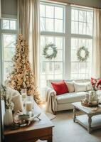 Cosy living room with beautiful christmas tree and red gifts in modern interior. Interior of living room decorated for merry christmas with socks, gift boxes and christmas accessories by AI Generated photo