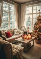 Cosy living room with beautiful christmas tree and red gifts in modern interior. Interior of living room decorated for merry christmas with socks, gift boxes and christmas accessories by AI Generated photo