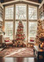 Cosy living room with beautiful christmas tree and red gifts in modern interior. Interior of living room decorated for merry christmas with socks, gift boxes and christmas accessories by AI Generated photo