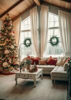 Cosy living room with beautiful christmas tree and red gifts in modern interior. Interior of living room decorated for merry christmas with socks, gift boxes and christmas accessories by AI Generated photo