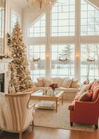 Cosy living room with beautiful christmas tree and red gifts in modern interior. Interior of living room decorated for merry christmas with socks, gift boxes and christmas accessories by AI Generated photo