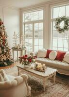 Cosy living room with beautiful christmas tree and red gifts in modern interior. Interior of living room decorated for merry christmas with socks, gift boxes and christmas accessories by AI Generated photo