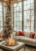 Cosy living room with beautiful christmas tree and red gifts in modern interior. Interior of living room decorated for merry christmas with socks, gift boxes and christmas accessories by AI Generated photo