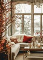 Cosy living room with beautiful christmas tree and red gifts in modern interior. Interior of living room decorated for merry christmas with socks, gift boxes and christmas accessories by AI Generated photo