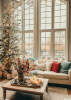 Cosy living room with beautiful christmas tree and red gifts in modern interior. Interior of living room decorated for merry christmas with socks, gift boxes and christmas accessories by AI Generated photo