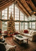 Cosy living room with beautiful christmas tree and red gifts in modern interior. Interior of living room decorated for merry christmas with socks, gift boxes and christmas accessories by AI Generated photo