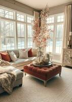 Cosy living room with beautiful christmas tree and red gifts in modern interior. Interior of living room decorated for merry christmas with socks, gift boxes and christmas accessories by AI Generated photo