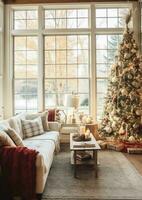 Cosy living room with beautiful christmas tree and red gifts in modern interior. Interior of living room decorated for merry christmas with socks, gift boxes and christmas accessories by AI Generated photo