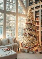 Cosy living room with beautiful christmas tree and red gifts in modern interior. Interior of living room decorated for merry christmas with socks, gift boxes and christmas accessories by AI Generated photo