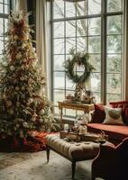 Cosy living room with beautiful christmas tree and red gifts in modern interior. Interior of living room decorated for merry christmas with socks, gift boxes and christmas accessories by AI Generated photo