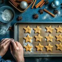 plano laico de Cocinando hecho en casa Navidad horneando ingredientes o pan de jengibre galletas metido en mesa concepto por ai generado foto