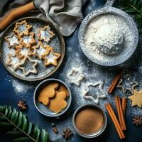 Flat lay of cooking homemade christmas baking ingredients or gingerbread cookies placed on table concept by AI Generated photo